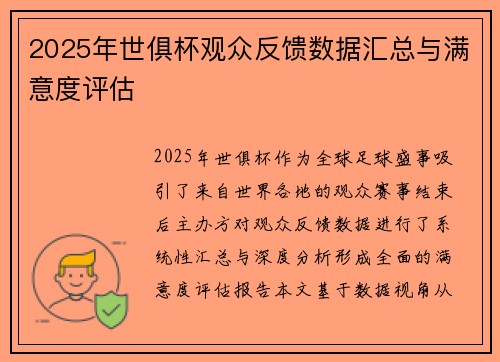 2025年世俱杯观众反馈数据汇总与满意度评估